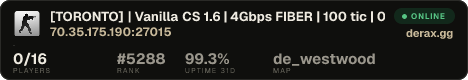 [TORONTO] | Vanilla CS 1.6 | 4Gbps FIBER | 100 tic | 0 LAG | N