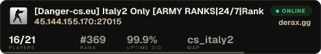 [Danger-cs.eu] Italy2 Only [ARMY RANKS|24/7|Ranks|FUN||1000FPS|MELEE|Massacre|VIP]